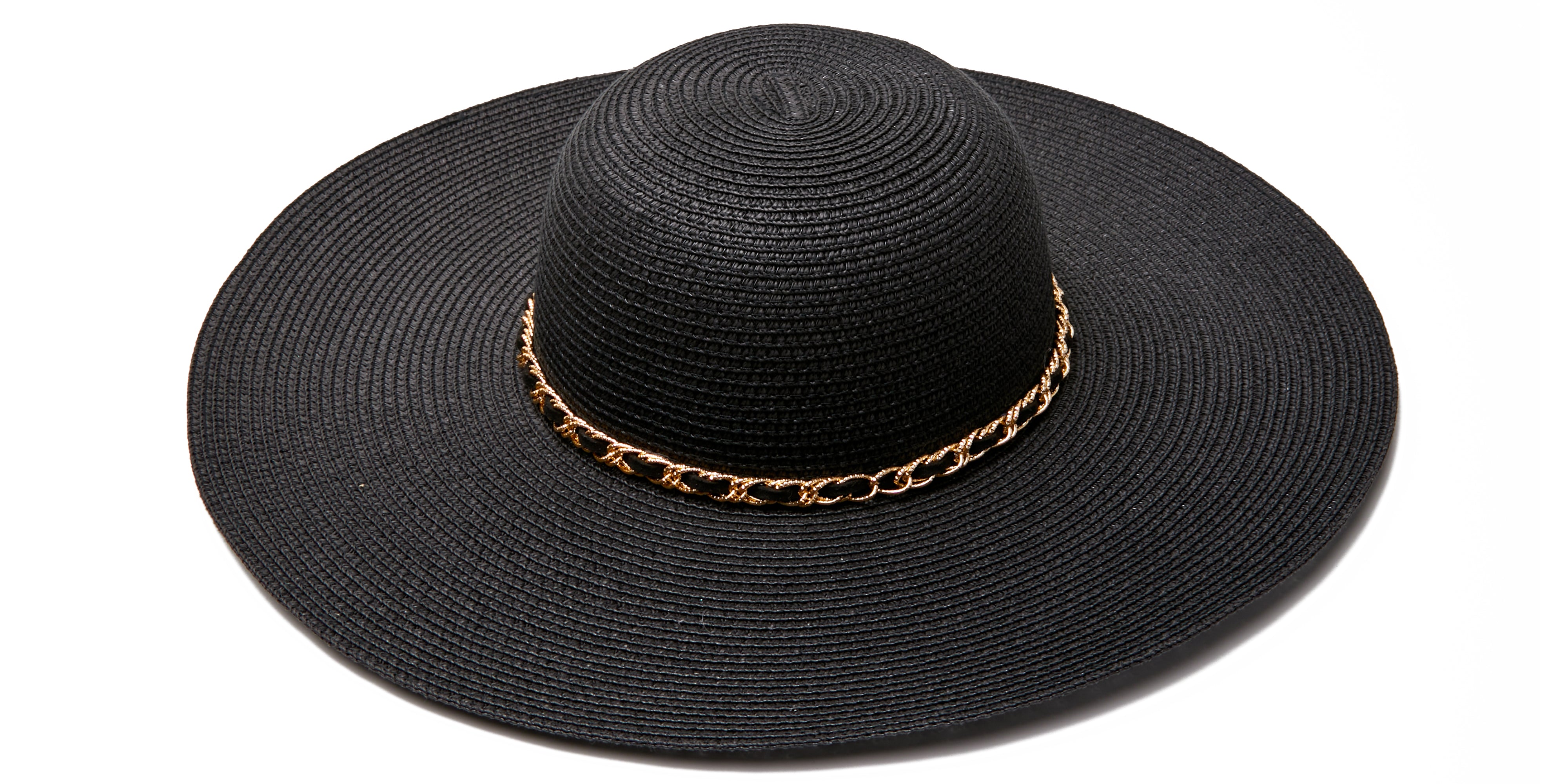 Classic Wide Brim Straw Hats - Wide Floppy Hats with Metal Chain - black